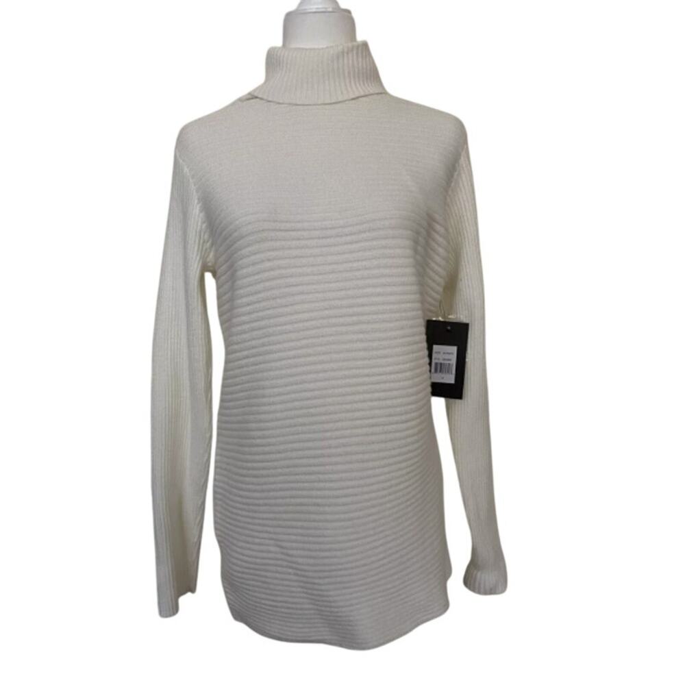 NEW Devotion by Cyrus Women's Horizontal Ribbed Turtleneck Tunic Sweater white